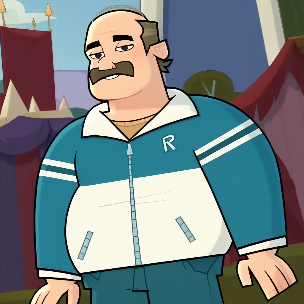 score_9, score_8_up, score_7_up, source_toon, <lora:10:0.95> dcrichardm, 1boy, plump, bald, mustache, jacket, pants, dutch angle, solo, male focus,