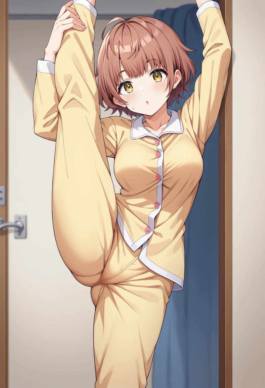 score_9, score_8_up, score_7_up, BREAK source_anime, 1girl, ikuta haruki, brown hair, short hair, yellow eyes, pajamas, standing on one leg, flexible, bedroom <lora:hskc-haruki-pony-v0.5:1>