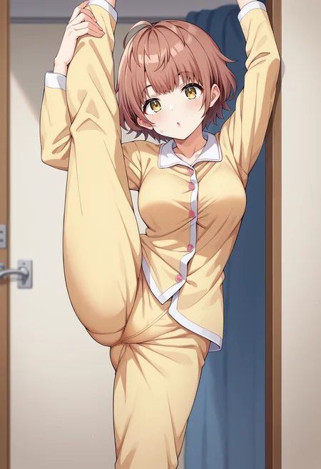 score_9, score_8_up, score_7_up, BREAK source_anime, 1girl, ikuta haruki, brown hair, short hair, yellow eyes, pajamas, standing on one leg, flexible, bedroom <lora:hskc-haruki-pony-v0.5:1>