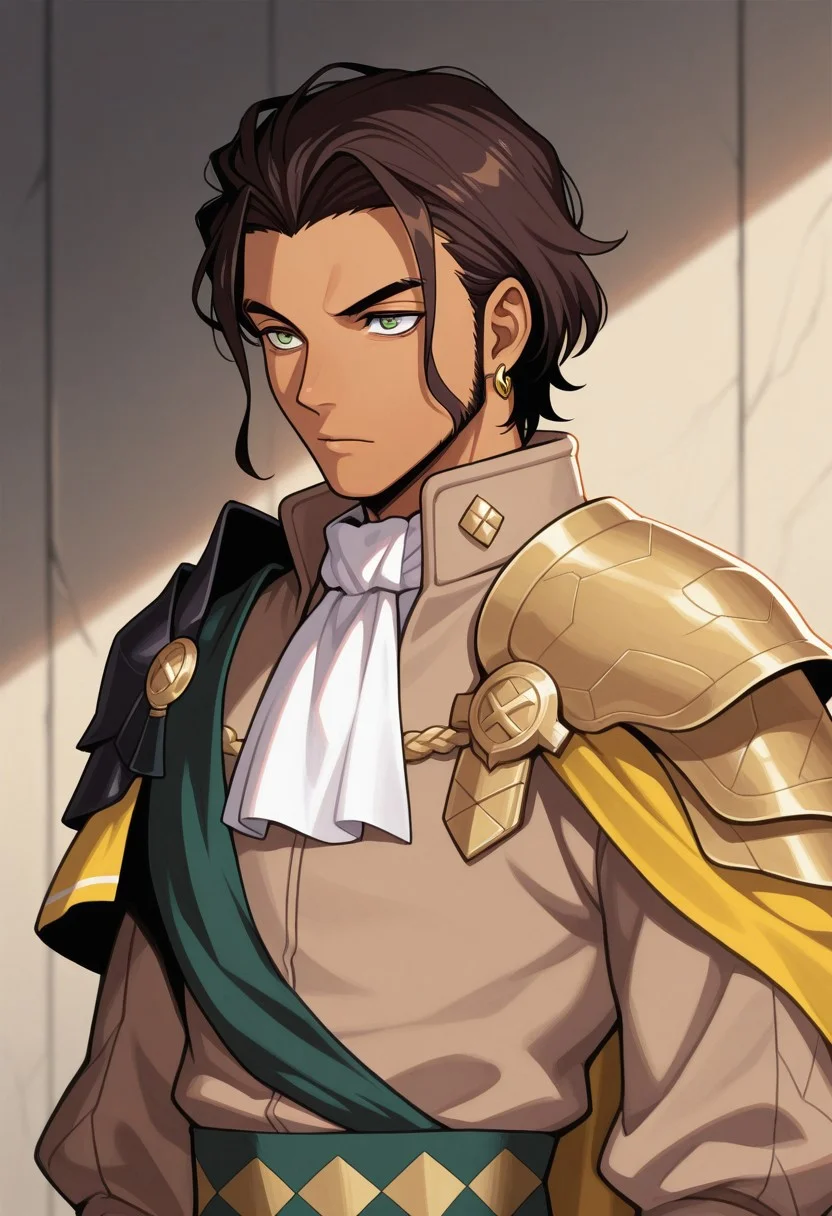 masterpiece,best quality,amazing quality, source_anime,
ClaudeVonRiegan, 1boy, male focus, solo, green eyes, brown hair, dark-skinned male, jewelry, earrings, aged up, facial hair, ascot, white ascot, shoulder armor, cape, yellow cape, jacket, brown jacket, green sash,