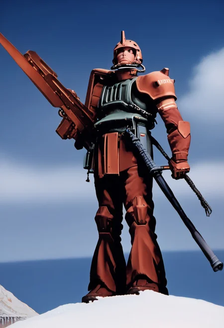 score_9, score_8_up, score_7_up, source_anime, cowboy shot, side view, BREAK, ( garma_zaku, pink monoeye, one eye, looking to the side, holding rifle in both hands, ) 1mech, mech focus, solo, BREAK, snow, ice, ice mountains, dark blue violet sky, night time, starry sky, Realistic, Relaxed, Moonlit, beautiful detailed supreme quality color intricate, dynamic dramatic beautiful full taking, contemporary fine detail, highly detail, dynamic background, positive emotional, background curving upwards,