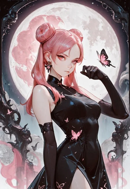 1girl, solo, long hair, breasts, looking at viewer, gloves, dress, closed mouth, jewelry, twintails, standing, pink hair, cowboy shot, earrings, black gloves, hand up, elbow gloves, hair bun, black dress, parted bangs, sleeveless dress, double bun, moon, bug, butterfly, full moon