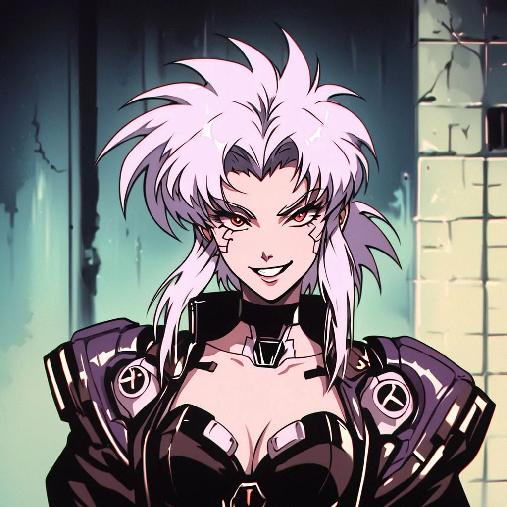 score_9, score_8_up, score_7_up, score_6_up, score_5_up, score_4_up,
BREAK
vintage, 1990s \(style\), retrowave, vaporwave,
masterpiece, best quality, detailed art, correct anatomy, anime style,
(ghost in the shell:1.2) style, (blade runner:1.2) style, anime girl, girl killer, assassin, white hair, red eyes, cyborg, crazy smile,
future, (cyberpunk:1.5), tokyo, busy street, neon lights in the background, megalopolis, (night:1.5) city, technology, wires