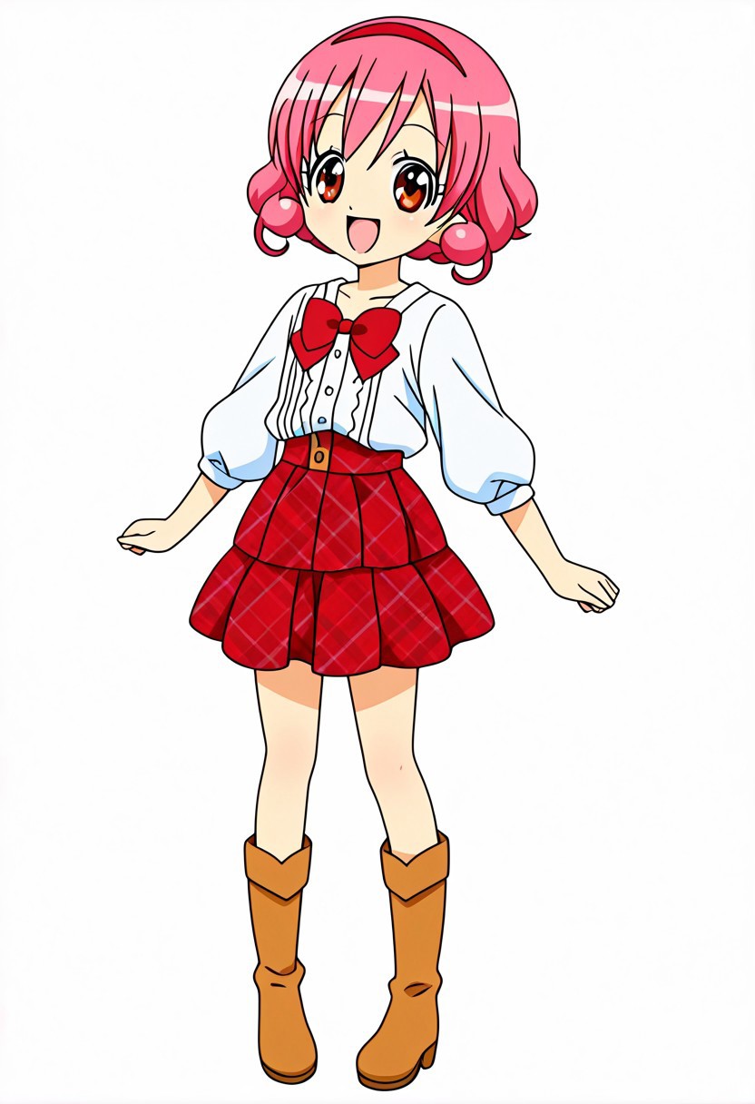 anime art style, hime-chen! otogi chikku idol lilpri, yukimori ringo, 1girl, solo, boots, skirt, pink hair, hairband, short hair, smile, bow, brown eyes, white background, simple background, plaid, open mouth, :d, red skirt, loliform, Anime art style, casual outfit, upper body