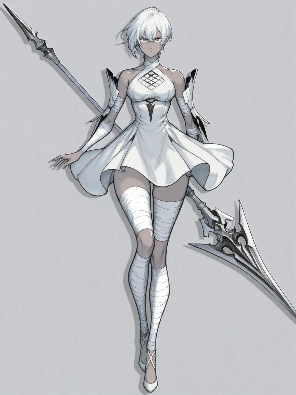 1girl, light skin, white hair, (short hair:1.1),serious expression,holding a large, stylized spear, (detailed clothing:1.2), light gray and white dress with segmented armor, bandages wrapped around legs, (accessories:1.1), (shoes:1.1), centered in frame, facing viewer,