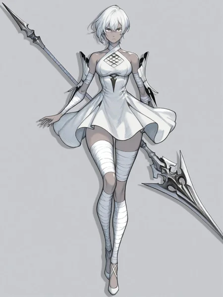 1girl, light skin, white hair, (short hair:1.1),serious expression,holding a large, stylized spear, (detailed clothing:1.2), light gray and white dress with segmented armor, bandages wrapped around legs, (accessories:1.1), (shoes:1.1), centered in frame, facing viewer,