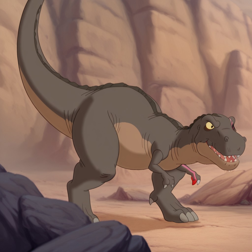 masterpiece, best quality, amazing quality, redclawlbtil, feral, male, Tyrannosaurus, brown skin, scar, one red sclera, one yellow sclera, black eyes, pink scar, outside,   fully body,  solo, one red finger claw