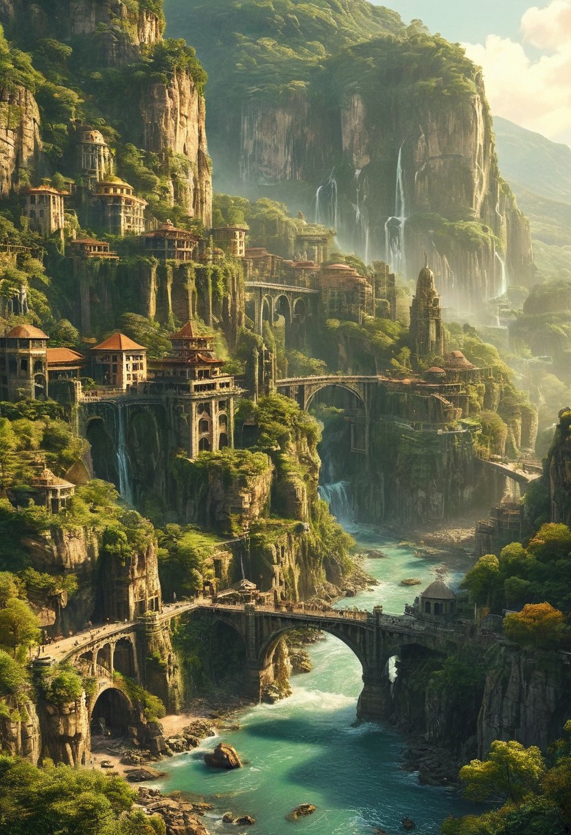 A grand, majestic fantasy city carved into a mountainside with intricate architectural designs. The city features multiple domed buildings, towering statues, and a large bridge connecting different parts of the city. The scene is set in a lush landscape with rocky cliffs and waterfalls, creating a sense of awe and wonder.