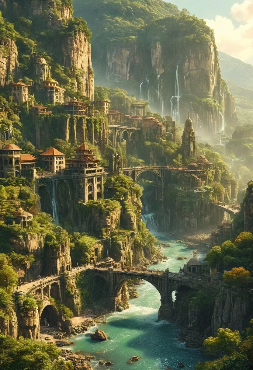 A grand, majestic fantasy city carved into a mountainside with intricate architectural designs. The city features multiple domed buildings, towering statues, and a large bridge connecting different parts of the city. The scene is set in a lush landscape with rocky cliffs and waterfalls, creating a sense of awe and wonder.