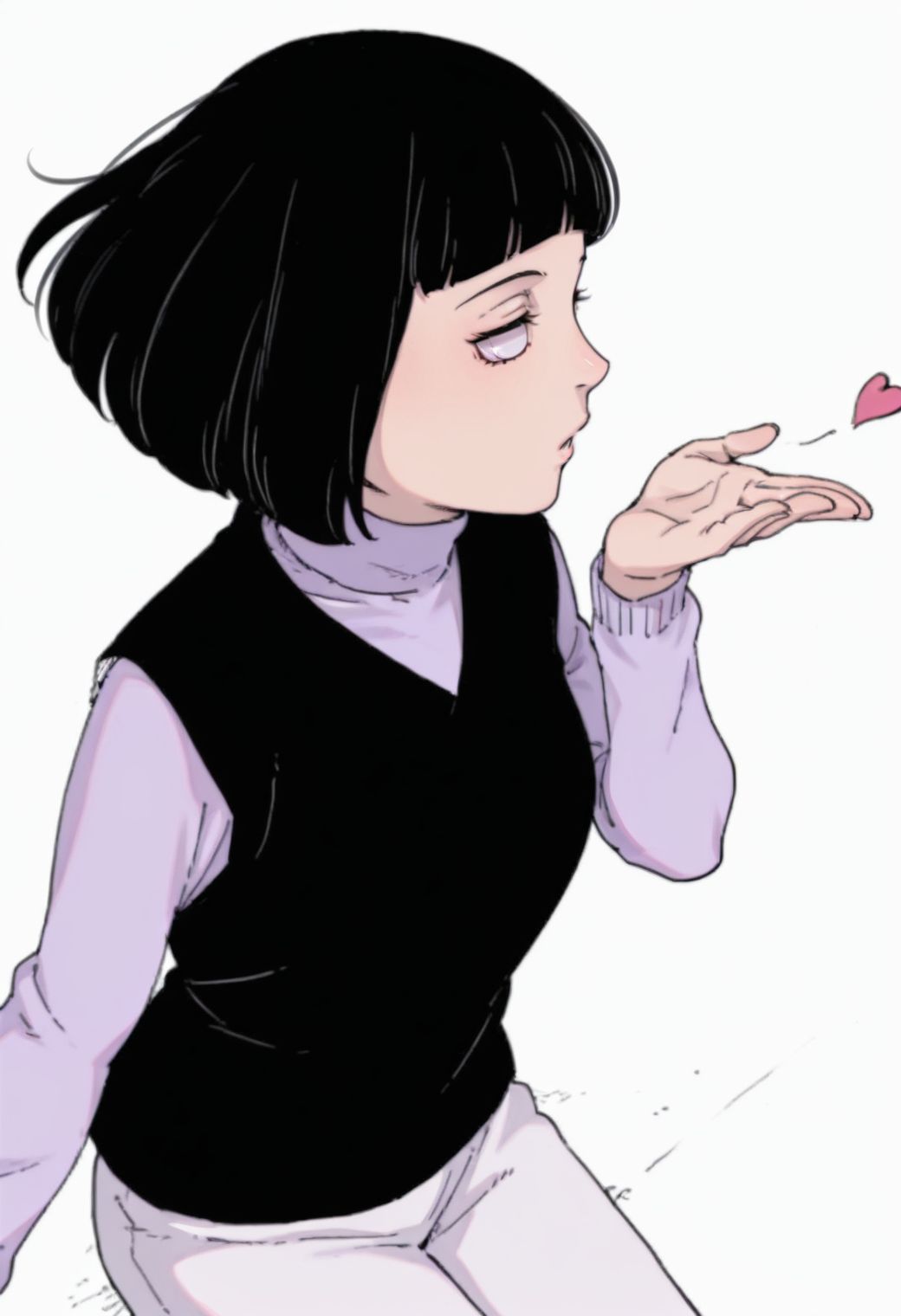 anime screencap, anime coloring,  <lora:DX888HinataBM:1> hyuuga hinata, black hair,  bob cut,  (short bangs:1.2), byakugan eyes, , turtleneck sweater, purple sweater, black vest, capri pants, white pants BREAK simple background, white background, BREAK    1girl, solo, sitting,, upper body, floating hair, (blowing kiss:1.2), (profile:1.2), from above,