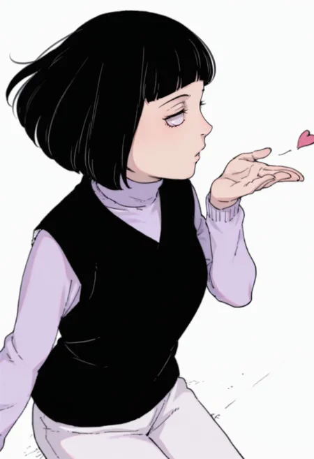 anime screencap, anime coloring,  <lora:DX888HinataBM:1> hyuuga hinata, black hair,  bob cut,  (short bangs:1.2), byakugan eyes, , turtleneck sweater, purple sweater, black vest, capri pants, white pants BREAK simple background, white background, BREAK    1girl, solo, sitting,, upper body, floating hair, (blowing kiss:1.2), (profile:1.2), from above,