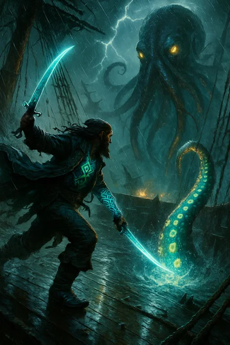 From a sweeping side angle, a battle-hardened pirate captain charges across the slick, rain-slick deck of his storm-battered galleon, cutlass raised high as he faces the monstrous kraken rising from a seething whirlpool just off the starboard bow. His tattered greatcoat flares behind him, soaked and wind-whipped, while glowing tattoos pulse along his arms with ancient deep-sea magic. The cutlass, carved with abyssal runes, crackles with spectral light as he prepares to strike a massive, bioluminescent tentacle that crashes down across the deck. The kraken towers in full view—its eyes glowing like abyssal lanterns, tentacles wrapping around shattered masts, pulling the ship into chaos. Lightning slices the storm-black sky, casting strobing highlights across the scene: splintered wood, crashing waves, and the captain’s defiant silhouette. Behind them, cannons fire blindly into the maelstrom as drowned ships spin within the vortex’s glow. Style: nautical dark fantasy, ultra-detailed, cinematic side composition, dynamic pose and tension, pirate horror aesthetic, Moebius meets Pirates of the Caribbean meets Lovecraft, high-contrast lighting, textured rain, glowing abyssal sea motifs, dramatic motion and atmospheric chaos