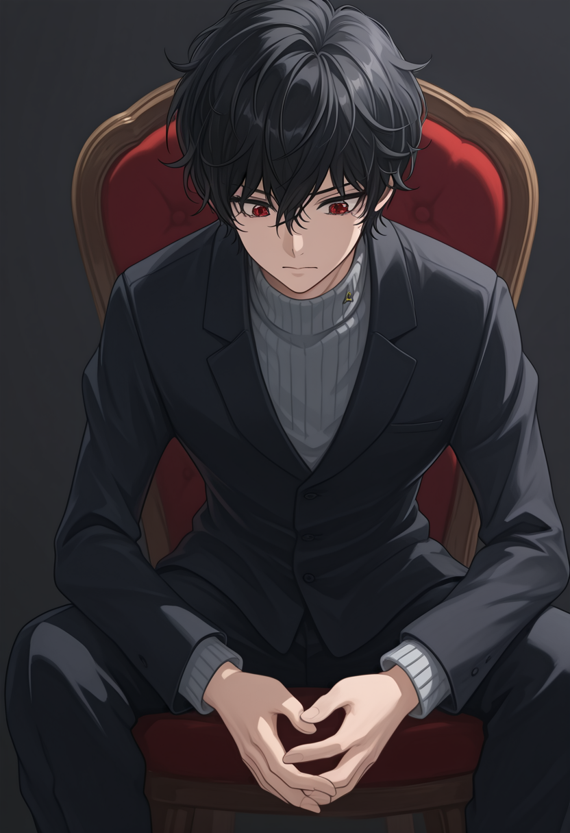 (masterpiece, high quality, amazing detail), highres, 1boy, amamiya ren, sitting, looking down, close mouth, chair, indoor, <lora:Kurapika_is_now_drowning_in_an_indescribable_emptiness-000005:1>