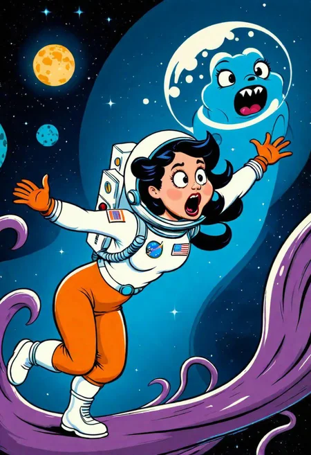 (rubber_hose_character:1.1), cartoon, frightened woman astronaut, chased by a really ugly monster
