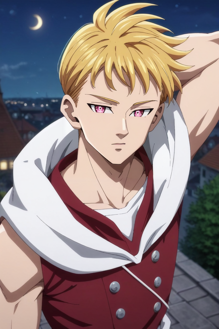 score_9, score_8_up, score_7_up, source_anime, rating_safe, , (realistic:0.6), looking at viewer, depth of field, 1boy, solo, male focus, <lora:lancelot_nnt_mny_pony:0.88>, lancelot_nnt_mny, blonde hair, pink eyes, short hair, from above, niagara falls, night, crescent moon, arms behind head, sparkling eyes, , <lora:sdxl_lightning_8step_lora:1>