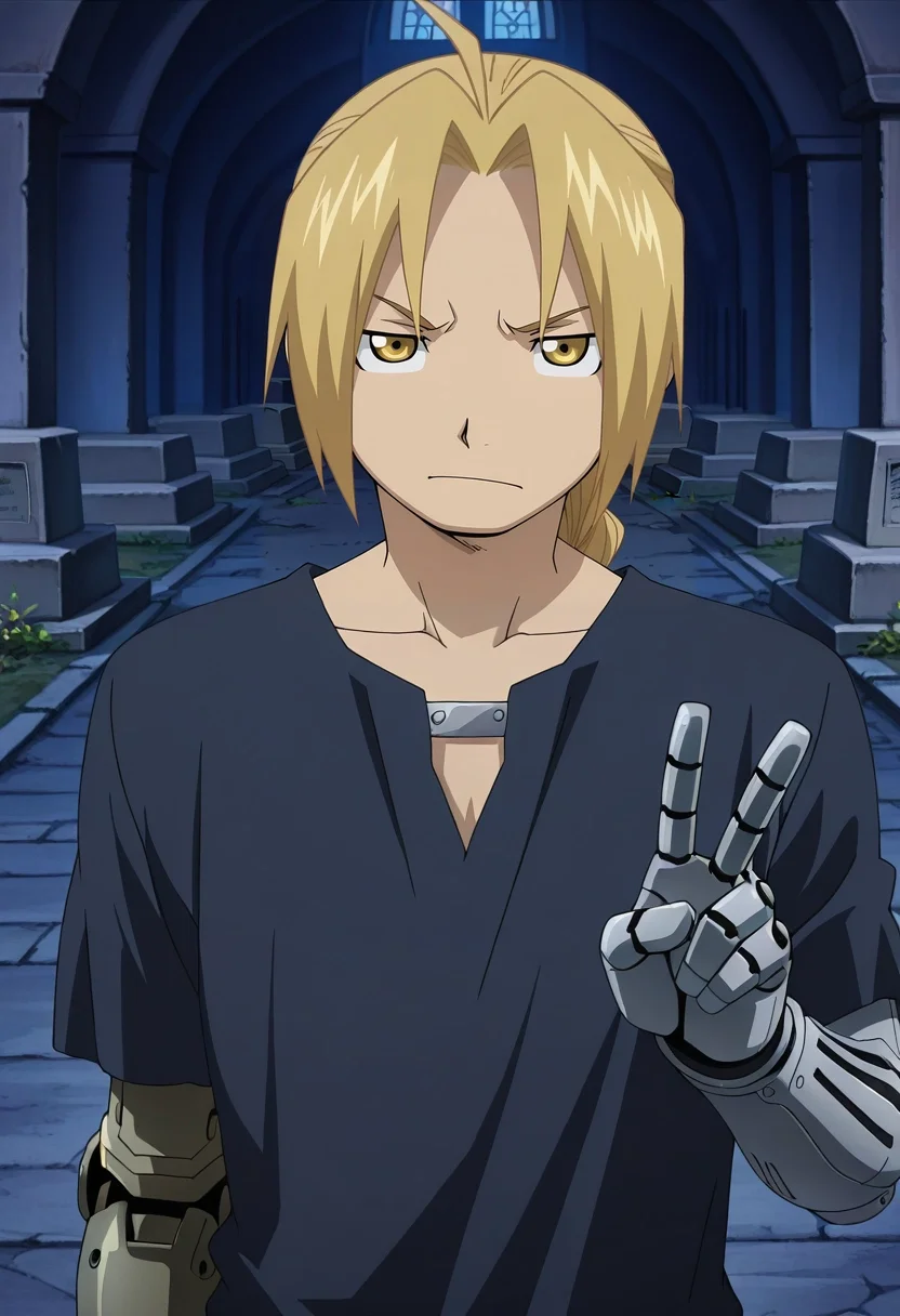 masterpiece, best quality, intricate details, anime screencap, , , , 1boy, solo, male focus, <lora:edward_elric_ilxl:0.96>, edward_elric, blonde hair, yellow eyes, , single mechanical arm, aged up, straight-on, cemetery, indoors, dark, v, peace sign, squinting,