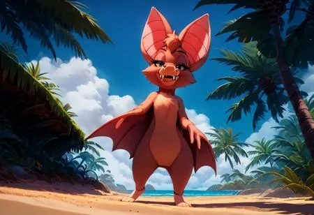 score_9, score_8_up, score_7_up, (best quality:1.1), ultra-detailed, great quality, anthro, high resolution, (((8k))), 1girl, bat, bat girl, day time, animal ears, bat ears, seductive look, front view, low angle view, foxglove bat, summer, fangs. daytime, giant bat wings, looking at viewer, BREAK., lying on beach chair, (tropical island), highly detailed background, (sand beach:1,4), half closed eyes, full body view, sexy pose, detailed bat legs, detailed barefoot