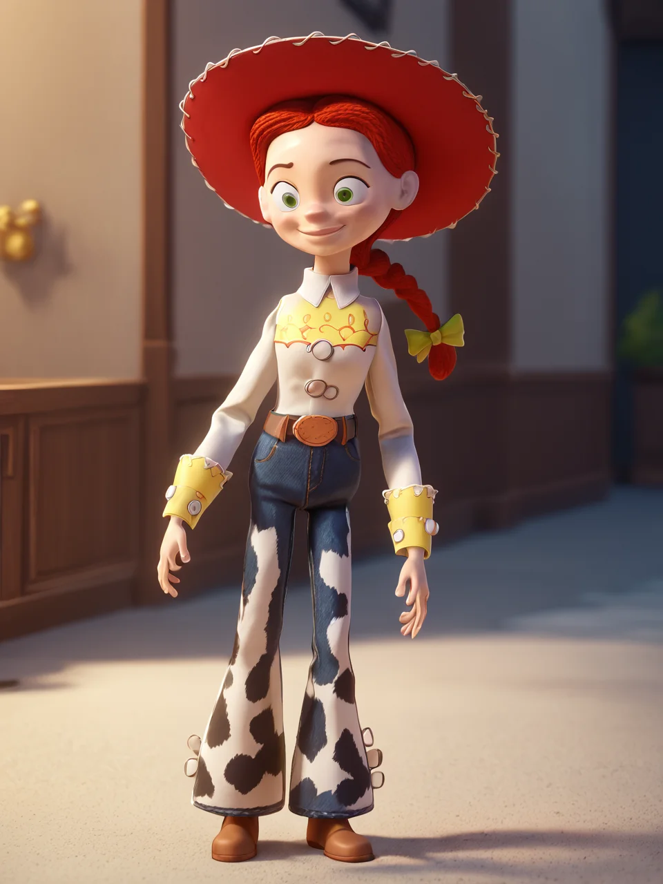 score_9, score_8_up, score_7_up, score_6_up, BREAK, ToyJessie, 1girl, solo, green eyes, red hair, braid, bow, closed mouth, smile, cowboy hat, shirt, belt, boots, jeans, <lora:Jessie-000009:1>