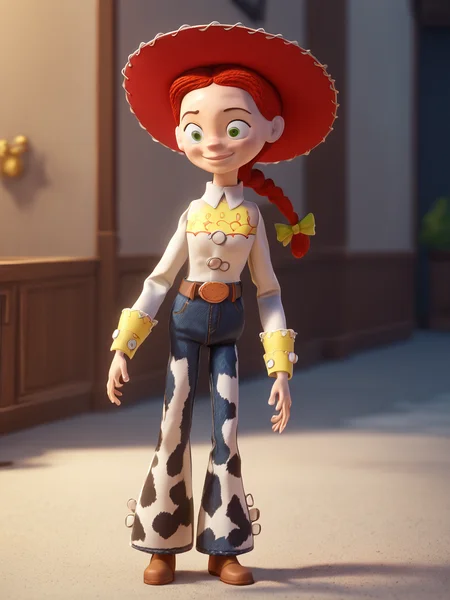 score_9, score_8_up, score_7_up, score_6_up, BREAK, ToyJessie, 1girl, solo, green eyes, red hair, braid, bow, closed mouth, smile, cowboy hat, shirt, belt, boots, jeans, <lora:Jessie-000009:1>