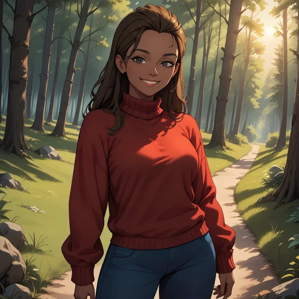 score_9, score_8, BREAK, brown hair, black eyes, red sweater, turtleneck, blue pants, sneakers, breasts, Gabby_(Disventure_Camp), dark skin, dark skin female, sexy pose, self portrait, smile, outdoors, sunlight, shadows, evening lighting, natural lighting, forest, trees, grass, orange sky, sunset