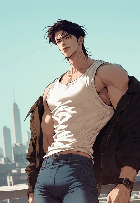 safe_pos, P_boy, (score_9, score_8_up:1.1), score_7_up, male focus, handsome male, unique angle, simple background, aesthetic, wallpaper, high quality, Expressiveh, concept art, tight white tank top, jacket falling off shoulders, tight jeans, half body, city