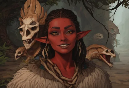 safe_pos, group, feminine, bosmer woman, fit body, bone masks, carved masks, painted masks, random face, colorful skin, pale red skin, strong jawline, angular facial features, asymmetrical features, wide nose, fur mantle, rough leather clothes, female, archer's physique, joking demeanor, slightly pointed ears, pinned back ears, long face, very short ears, curved ears, scalloped ears, short ears, firbolg nose, uncanny features, snake nose, reptilian nose, realistic, long face, bosmer, alien, elongated head, flat nasal ridge, elongated skull, bony nose, slit nostrils, aquiline features, medium body hair, dunmer, creature, bony dermal ridges, rough complexion, body tattoos, native american tattoos, medium breasts, natural breasts, shapely figure, chiseled features, athletic build, weathered skin, large nose, animated realism, zoomed out, Inuit features, sage colored skin, pale skin, copper and jade clothes, dark orange sclera, saurian pupils, horizontal pupils, cuttlefish eyes, narrow eyes, dark red pupils, very slanted eyes, squinted eyes, double lidded eyes, eye membrane, slanted brows, bony brows, highly detailed, defined features, looking at viewer, from side, full body, zoomed out, dynamic lighting, 29 years old, light and shadows, jovial expression, expressive eyes, smiling, laughing, Native American pattern leather clothes, medium hair, elegant hairstyle, tribal hair, wavy hair, thick hair, braided hair, wild cut hair, semirealistic, alien elf, mongolian features, slavic features, aztec features, vibrant hair, colorful hair, sharp features, high detail, absurdres, intense eyes, detailed eyes, dark orange eyes, paleolithic clothes, Crowded village, dense redwood forest, intricate fur tents, bone furniture, masterpiece, Vilontrebramb, tree, outdoors, scenery, tree houses, elegant architecture