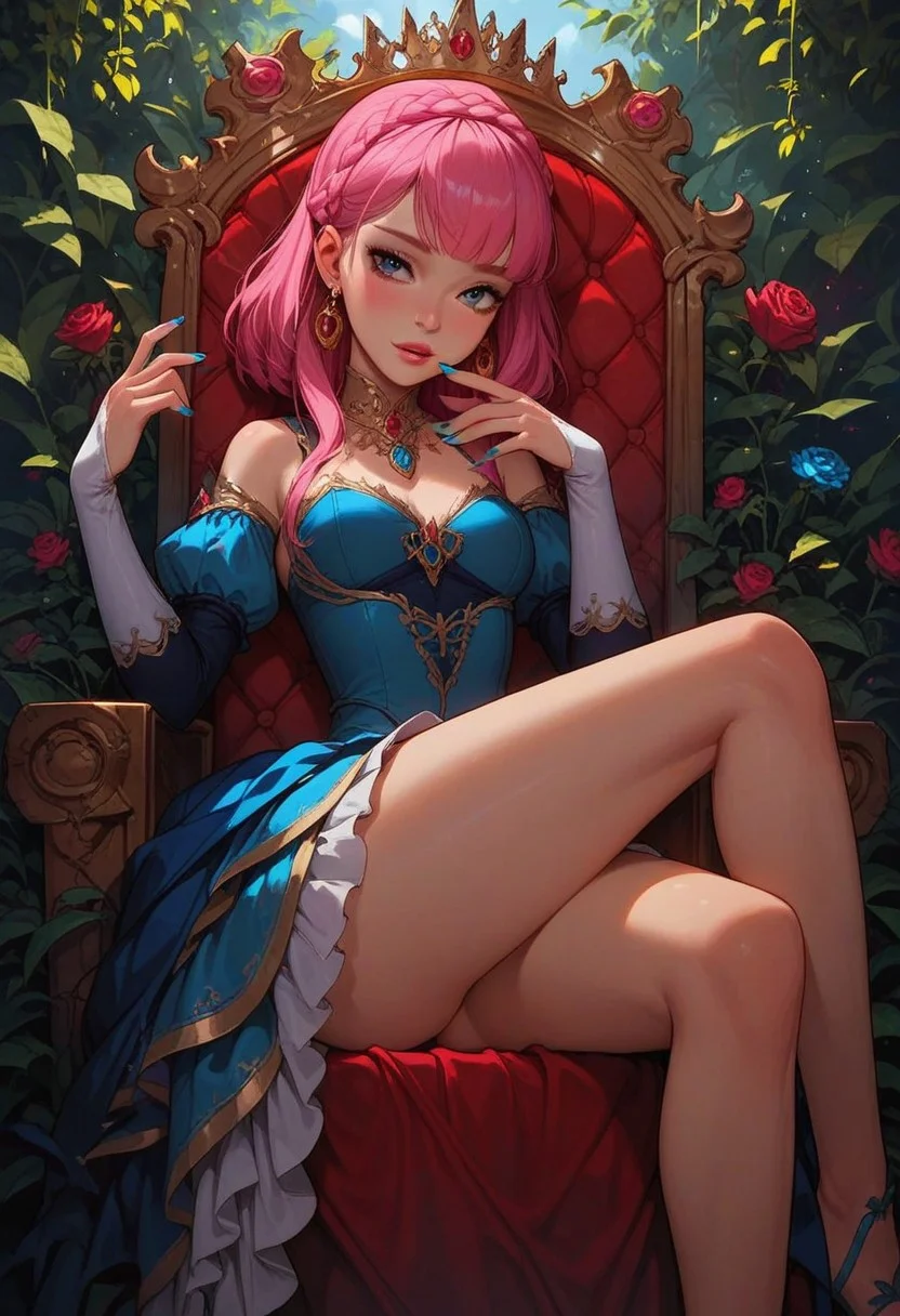 score_9, score_8_up, score_7_up, score_6_up,
1girl, 25 years old, perfect face, cute, petite,
dark eyes,
pink hair, crown braid, golden earrings, (crown), pendant,
frilled dress, blue dress, pink ribbon,
throne, sitting on throne, vines, roses, crossed legs, blue nails,
cowboy shot