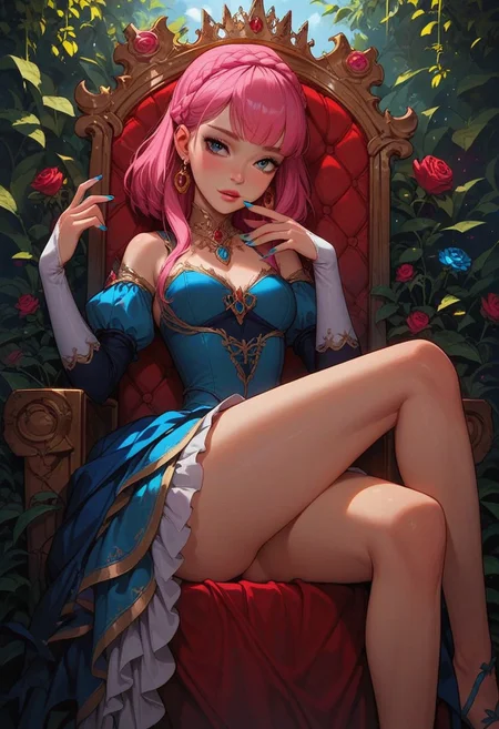 score_9, score_8_up, score_7_up, score_6_up,
1girl, 25 years old, perfect face, cute, petite,
dark eyes,
pink hair, crown braid, golden earrings, (crown), pendant,
frilled dress, blue dress, pink ribbon,
throne, sitting on throne, vines, roses, crossed legs, blue nails,
cowboy shot