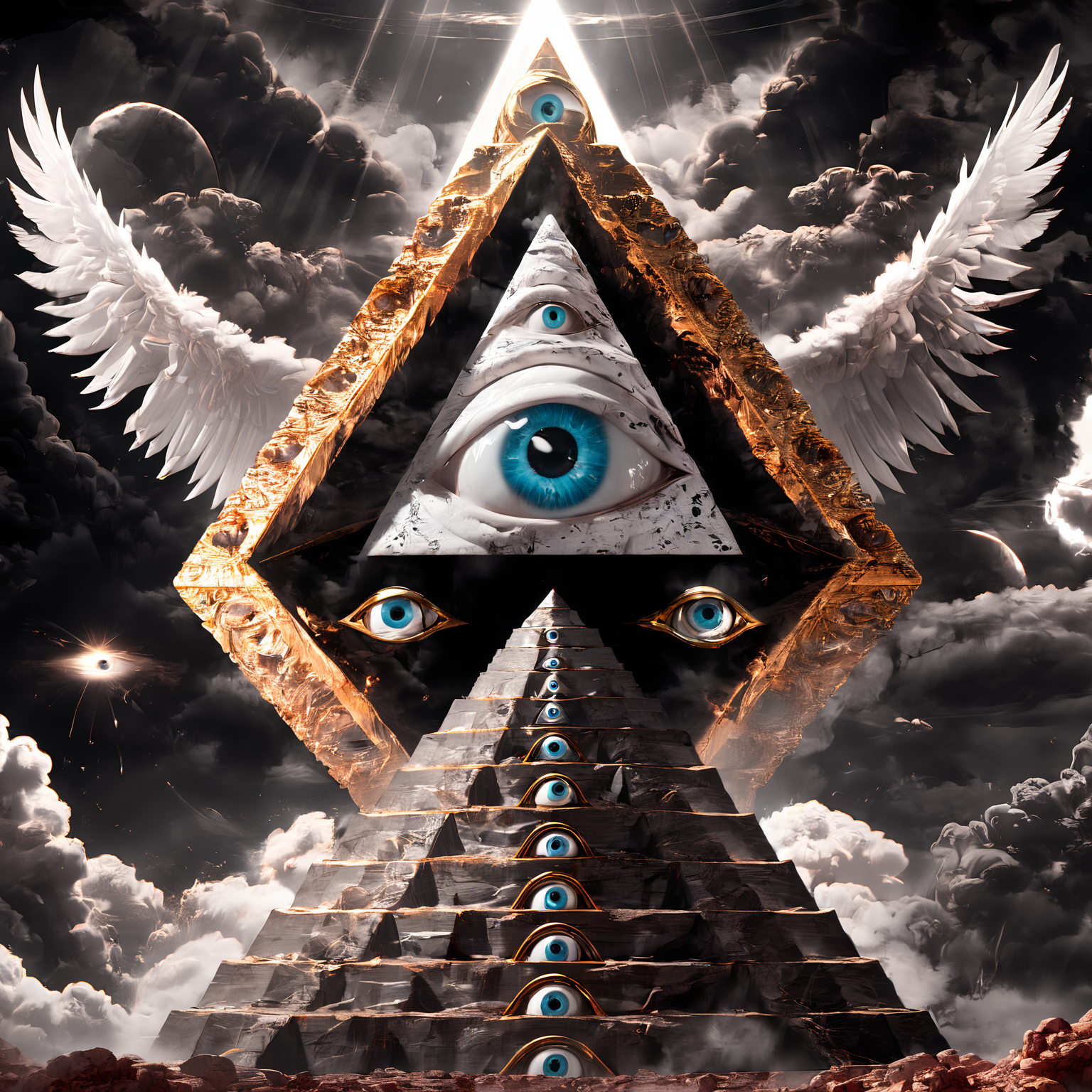 seraphins, a mystical creature with hundreds of eyes and wings with the shape of a pyramid, surrounded by 2 layers of rings full of eyes, eerie, horror, background angelic clouds, sunlight <lora:Seraphins1.0-000038:0.8>
