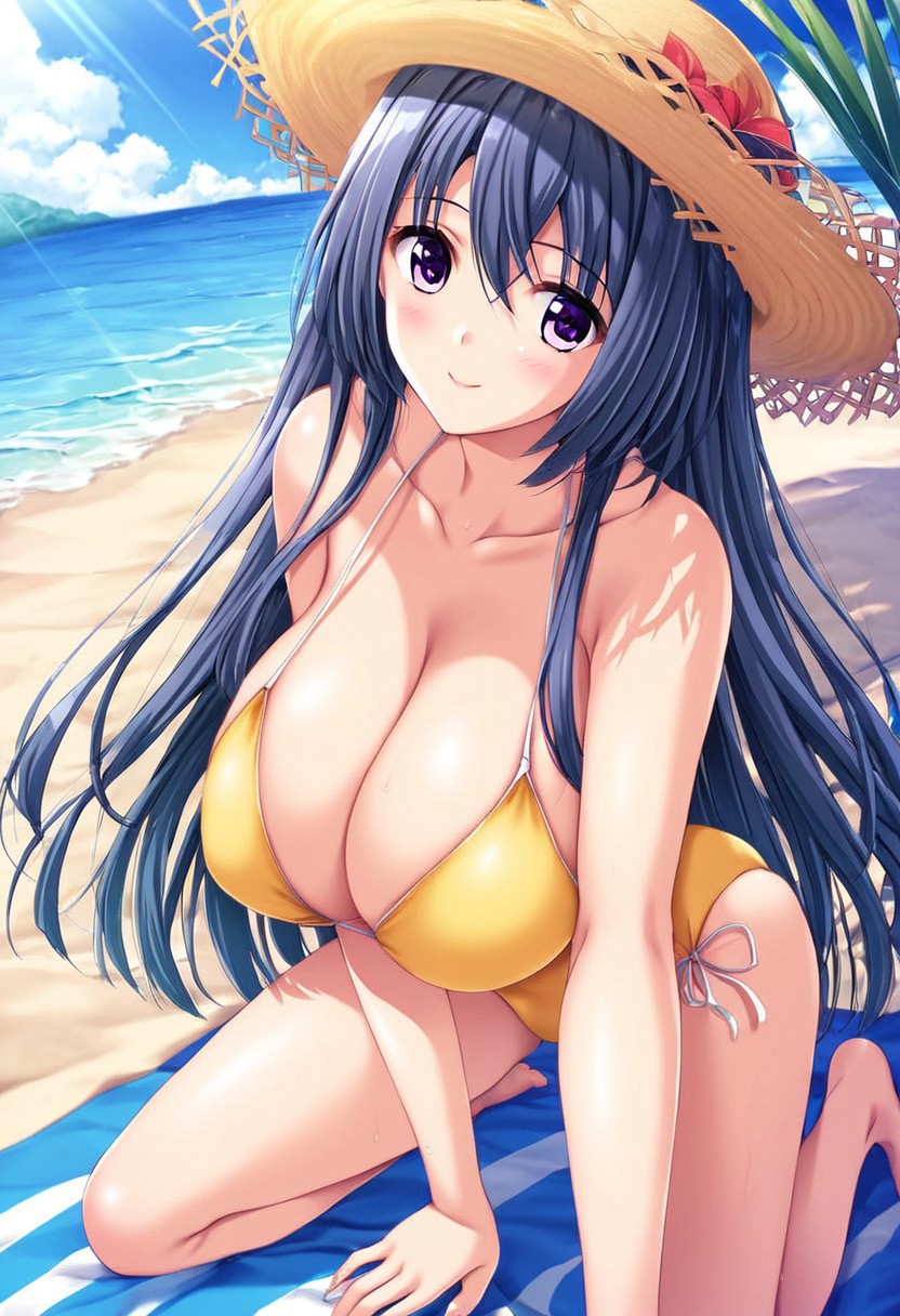 4k resolution, masterpiece, absurdes, highly detailed, highres, high quality, best quality, score_9_up, score_8_up, score_7_up, score_6_up, anime_source, source_anime, anime coloring, high resolution, detailed face, best quality, detailed eyes, High-resolution portrait, sharp detail, subtle blush, vivid eyes with subtle highlights, masterpiece, source_anime, anime style, cowboy shot, rare view, 
Break, 
1girl, Otowa Kanade, solo, solo focus, looking at viewer, long hair, dark blue hair, intake hair, side hair, spiky bangs, v bangs, violet eyes, tareme, breasts, large breasts, pale, slim, sexy, curvy, voluptuous, brimmed hat, yellow swimsuit, cleavage, reserved expression, closed mouth, kneeling, relaxed posture, neutral stance,
Break,
outdoor, beach, ocean, sand, beach towel, bright blue sky, sunlight, natural lighting,