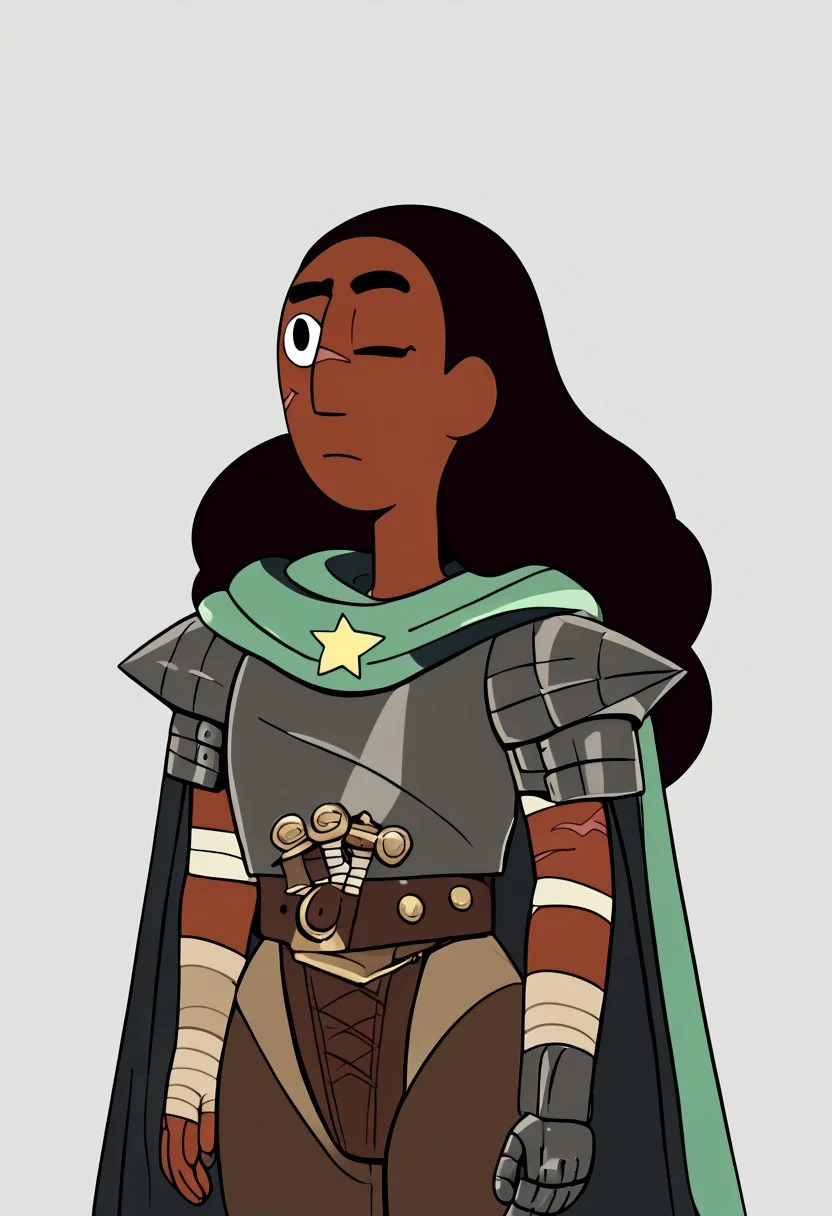 score_9, score_8_up, score_7_up
, masterpiece, beautiful,,connie, 1girl, brown hair, wide hips,dark-skinned female, solo, black eyes, long hair,face scars, left eye closed, upper body
vissible sword hilt, hilt wrapped in cloth strips,
,Guscoplay,black tattered cape, cape draped shoulders, Gray armor, thick belt, brown pants,bandajes on left hand, right arm metal gaunttlet, armored chest piece,metal knee pads, shoulder metal pauldron with rivets