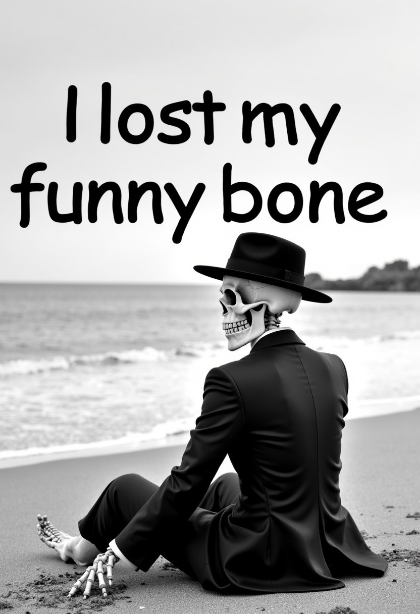 Photo displaying a flyer. On the flyer, a black and white side shot of a skeleton, wearing a business suit, and a fedora, and he's sitting on the sand in a beach, looking at the sea, with the text "I lost my funny bone" is written in a playful, rounded font, the text is slightly curved