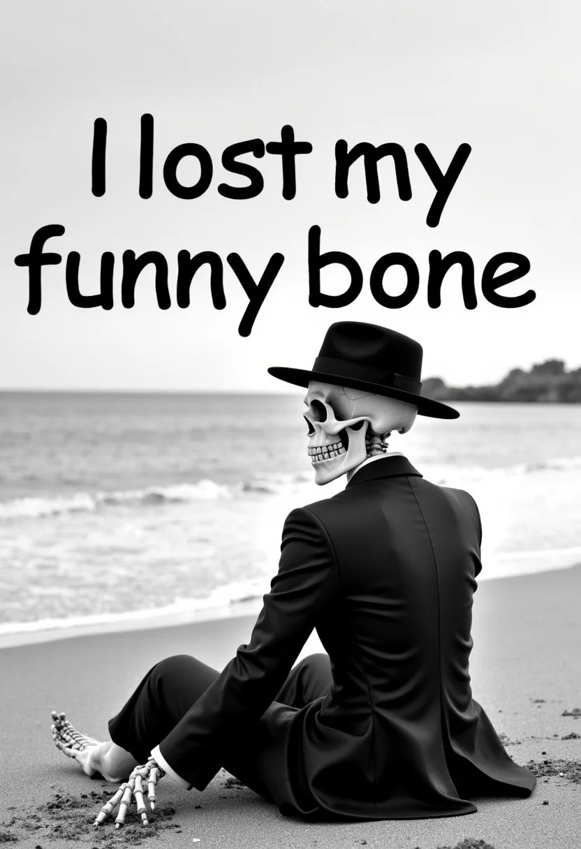 Photo displaying a flyer. On the flyer, a black and white side shot of a skeleton, wearing a business suit, and a fedora, and he's sitting on the sand in a beach, looking at the sea, with the text "I lost my funny bone" is written in a playful, rounded font, the text is slightly curved