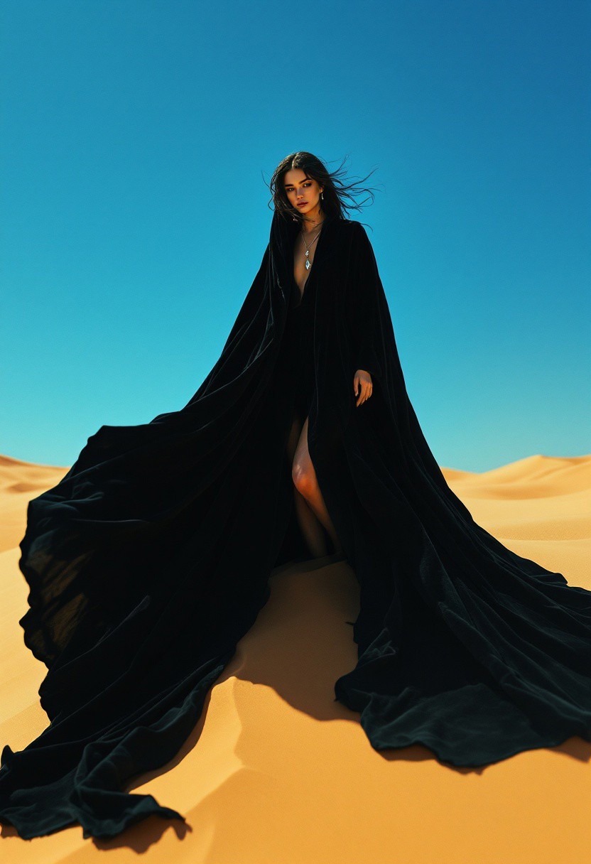 Stark contrast photo of a solitary woman draped in flowing, near-black velvet robes, standing atop a windswept golden sand dune under harsh midday sun, Dutch angle intensifying dynamism; chiaroscuro lighting evokes Caravaggio, blending photorealism with surreal edge. Foreground: intricate fabric folds cascade into swirling sand. Background: endless dunes under crystalline azure sky. Dominant palette: obsidian, amber, cerulean; textures interplay between billowing silk and granular earth. Mood: enigmatic solitude, amplified by tactile heat haze and a lone silver pendant glinting against shadowed curves. Technical: 35mm, f/8, hyper-detailed rendering, rule of thirds composition.