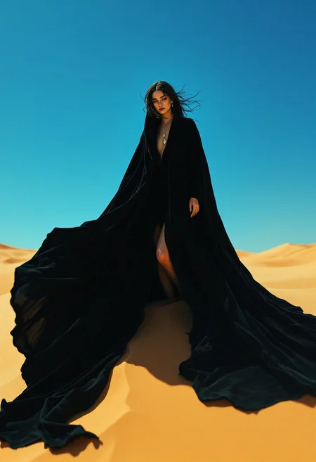 Stark contrast photo of a solitary woman draped in flowing, near-black velvet robes, standing atop a windswept golden sand dune under harsh midday sun, Dutch angle intensifying dynamism; chiaroscuro lighting evokes Caravaggio, blending photorealism with surreal edge. Foreground: intricate fabric folds cascade into swirling sand. Background: endless dunes under crystalline azure sky. Dominant palette: obsidian, amber, cerulean; textures interplay between billowing silk and granular earth. Mood: enigmatic solitude, amplified by tactile heat haze and a lone silver pendant glinting against shadowed curves. Technical: 35mm, f/8, hyper-detailed rendering, rule of thirds composition.