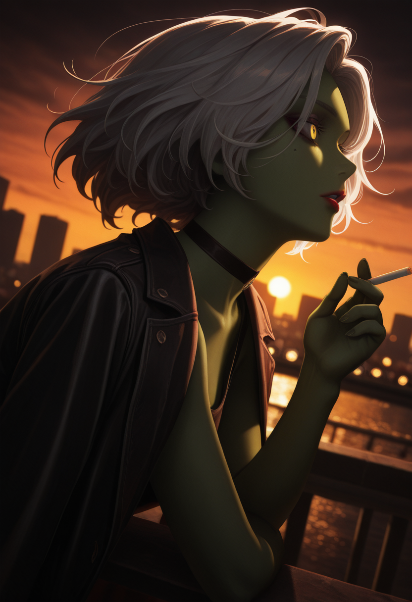masterpiece, best quality, Graphic Design, color art, vibrant colors, colorful, intricate details, high contrast, cinematic lighting, detailed background, beautiful detailed, beautiful face, detailed eyes, detailed face, new, newest, 1girl, solo, raidserris, short hair, silver hair, yellow eyes, colored skin, green skin, makeup, lipstick, mole, choker, looking away, evening, sunset, orange sky, cloudy, dark, city, dutch angle, depth of field, film grain, bokeh, perspective, parted lips, holding cigarette, leaning forward, dark, leaning on railings, bridge, wind, upper body, jacket over shoulders, black tank top,