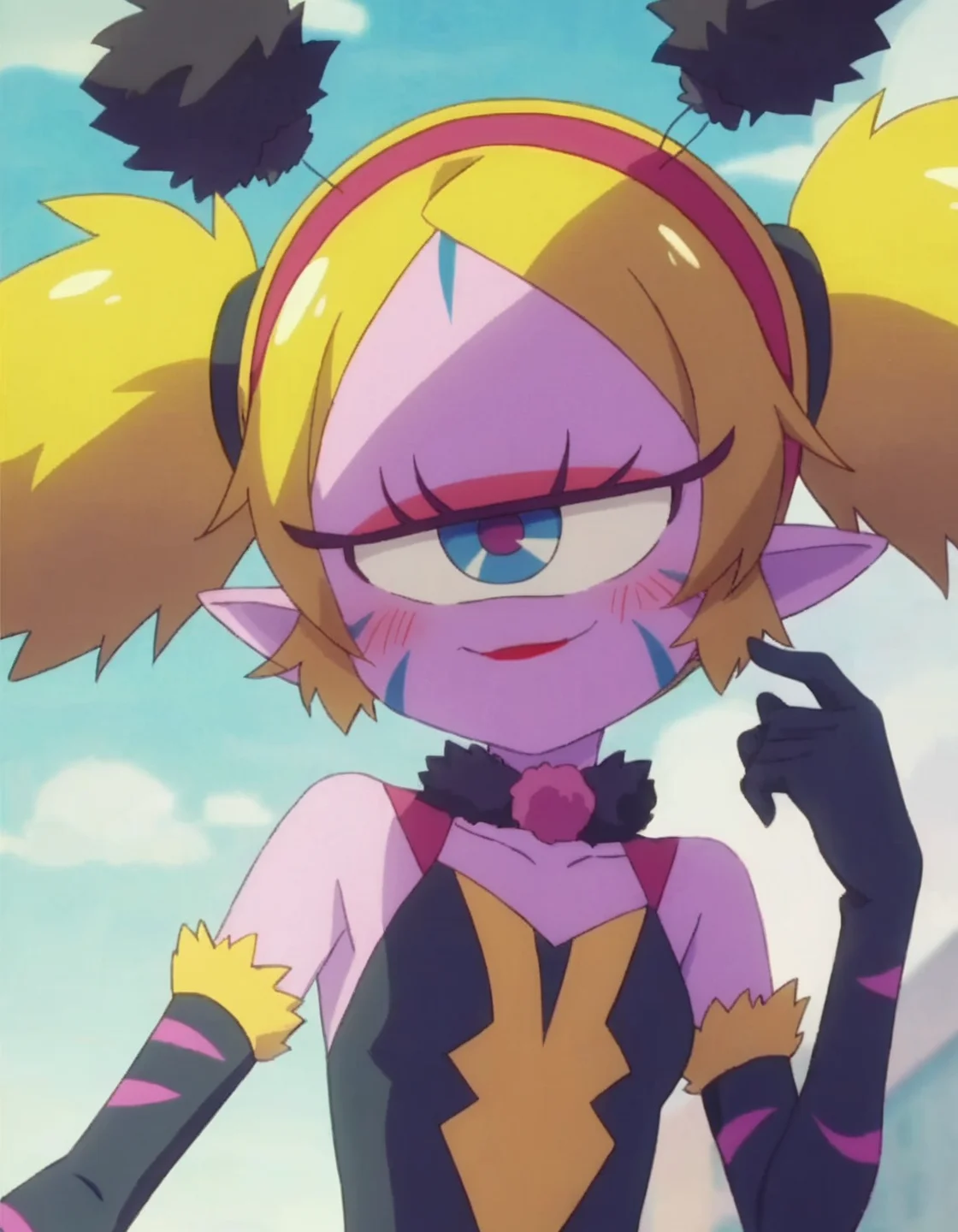 score_9, score_8_up, score_7_up, anime screencap, solo,1girl,aiwarn,(one-eyed:1.3),yellow hair,twintails,elbow gloves, smile, black gloves, colored skin, pantyhose, bare shoulders, choker, makeup, looking at viewer, fur trim, hairband, lipstick,smile, small breasts,blush,smug<lora:aiwarn_pony:0.8>