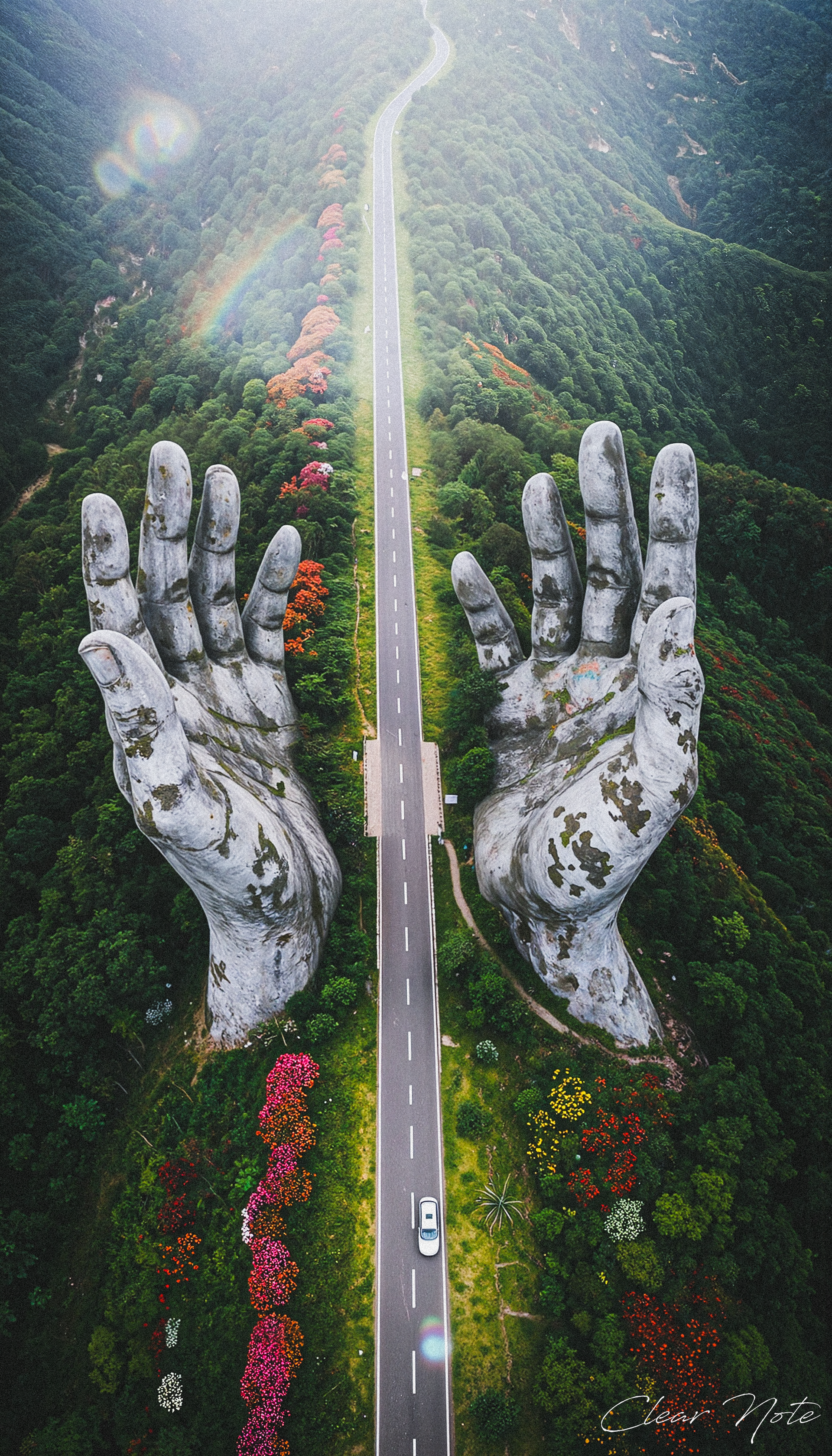 Japanese Culture Style, Emotional Photos, 35mm film, The road in the shape of two giant Buddha hands, The road to heaven, Aerial photography