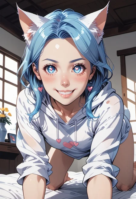 score_9, score_8_up, score_8, commix style, 1girl, Catgirl, slimes_aizome, solo, blue hair, white cat ears, white cat tail, heart eyes, oversized hoodie, on bed, all fours, leaning forward, face focus, highly detailed, dynamic angles, dynamic pose, very amazed, smile, big eyes, Expressiveh, vivid colors, looking at viewer, low angle, view from below