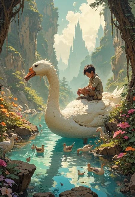A whimsical and nostalgic scene of a young boy resting atop a giant white goose, nestled beside a shimmering crystal-clear lake surrounded by vibrant wildflowers. Other birds are nearby, wading in the water or perched on rocks, creating a serene and harmonious setting. The atmosphere is tranquil and magical, evoking a sense of quiet reflection and connection with nature. Rendered in a soft, storybook illustration style with warm, earthy tones and delicate textures, the image captures the stillness of a peaceful moment in a fantastical landscape.