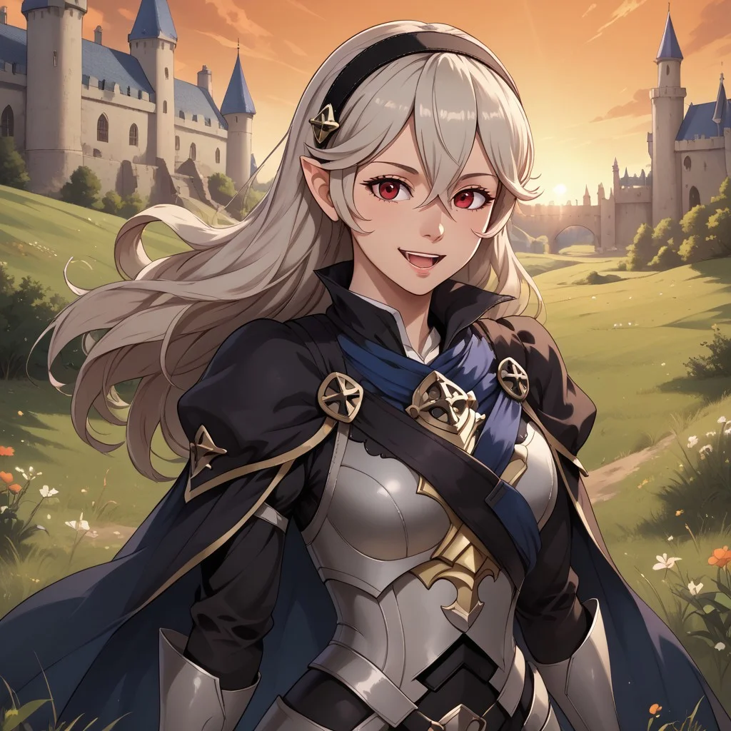 score_9, score_8, BREAK, solo, corrin, corrin (fire emblem), corrin (female) (fire emblem), kamui, カムイ, 1girl, long hair, pointy ears, red eyes, smile, open mouth, white hair, hairband, gloves, armor, cape, black thighhighs, detached sleeves, puffy sleeves, barefoot, sexy pose, self portrait, smile, outdoors, sunlight, shadows, evening lighting, natural lighting, medieval, castle, grass, castle garden, orange sky, sunset