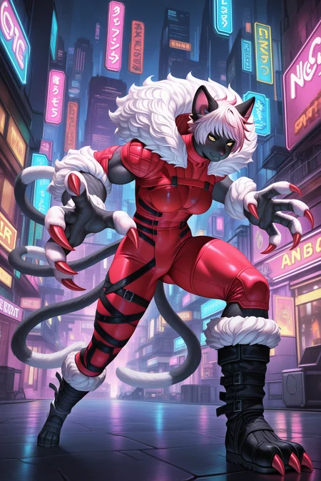 masterpiece, best quality, amazing quality, absurdres, yaanablackcat, black skin, black fur, furry female, yellow eyes, cat girl, cat mouth, snout, anthro, cat paws, cat ears, multiple tails, red claws, long claws, red bodysuit, muscular, thick arms, thick legs, black boots, solo, smile, serious, fighting stance, medium breasts, outdoors, science fiction, neon lights, cityscape, skyscrapers