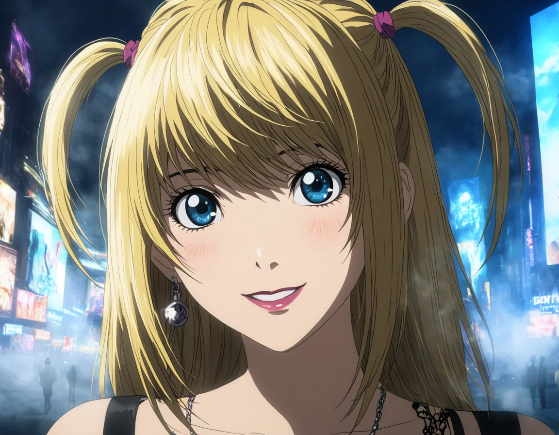 1girl, portrait of Misa Amane, death note, Modern Anime, adult female, From Death Note anime, best quality, 8K, DSLR quality, Bloom Lighting, Good Face, Beautiful Face, Slim, highly detailed, glow, extreme details, fog, smoke, blond hair, full body, happy, smile, perfect eyes, <lora:perfect-eyes:1>, perfecteyes, eyes reflection, detailed eyes, upper body, hdr quality, full of color, smoke, cinematic, night, moon light, 2010s, windy, hair swaying in wind, purple nail polish, nigh time, blue eyes, grainy, chromatic aberration, adult woman, Depth of field effect, uwu, cute, blush, perfecteyes, eyes reflection, detailed eyes, upper body, shy smile, hdr quality, hands doing cute pose, full of color, smoke, cinematic, in city, times square, no crowd, <lora:misa_amane-step00000862:1>