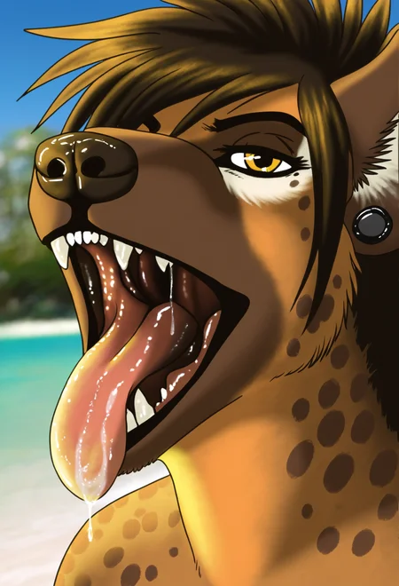 Stable_Yogis_PDXL_Positives, source_furry, zandii_hyena, hyena, perfect face, detailed face, spotted hyena, colored, open mouth, mawshot, saliva, tongue out, beach background, yellow eyes, perfect face, perfect eyes, anthro hyena, from side, light-brown fur, hyena mane, furry, female, solo, 1girl, detailed eyes, looking at viewer, bedroom eyes, half-closed eyes, hyena ears, face focus,<lora:Zandii_perfect_pony:1> <lora:DetailedEyes_V3:1>