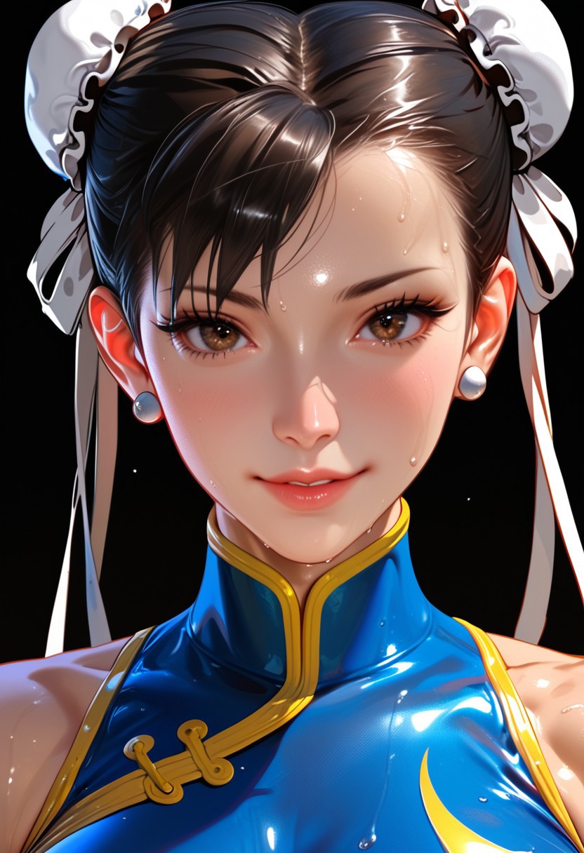 Chun-Li, Close-up details, realistic style photo Japanese young woman, dark hair, long hair, outstanding style, tall, cute, adult. Use soft lighting to cast gentle shadows on the subject, adding a touch of dimension to your images without compromising details, score_9, score_8_up, score_7_up, sweaty, wet, shiny skin, CHUNLISF, tight clothes, a bit muscular, huge breast, dumb but cute face, sexy body, naive face, gentle face, dumb face, clumsy and cute