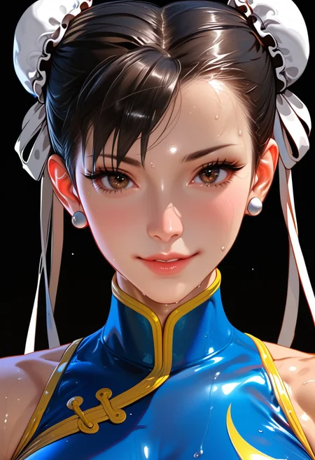 Chun-Li, Close-up details, realistic style photo Japanese young woman, dark hair, long hair, outstanding style, tall, cute, adult. Use soft lighting to cast gentle shadows on the subject, adding a touch of dimension to your images without compromising details, score_9, score_8_up, score_7_up, sweaty, wet, shiny skin, CHUNLISF, tight clothes, a bit muscular, huge breast, dumb but cute face, sexy body, naive face, gentle face, dumb face, clumsy and cute