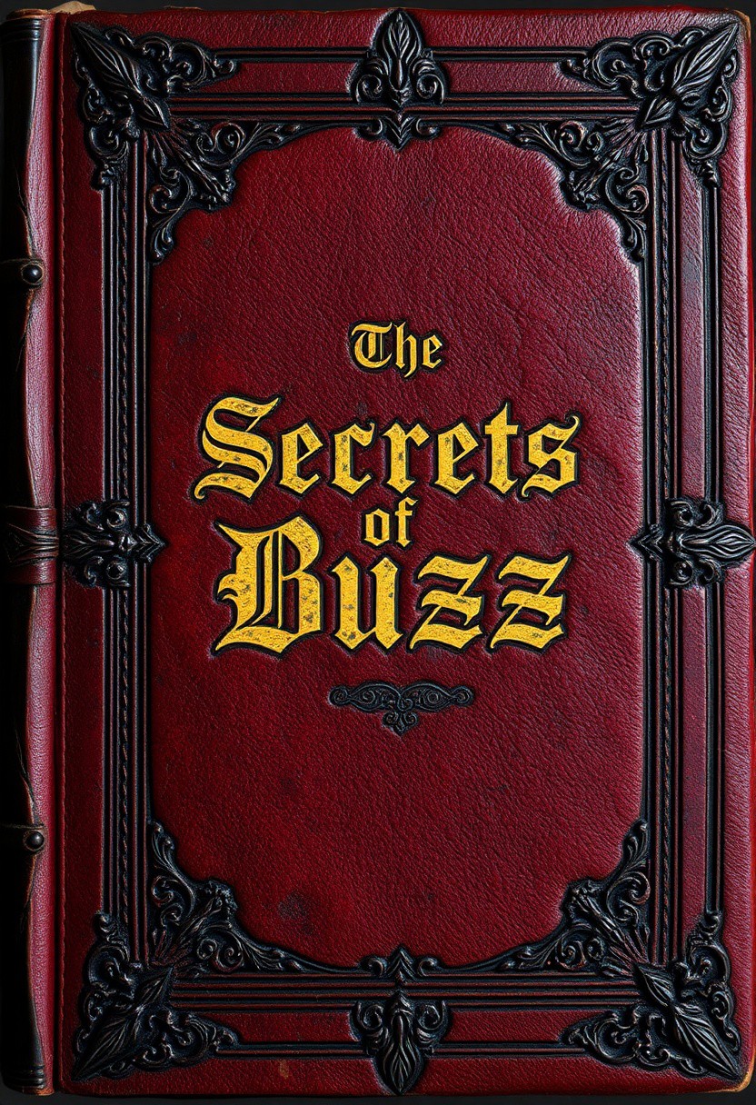 An ancient dark red leather tome cover, ornamented iron borders, gold leaf accents, with the title "The Secrets of Buzz" in Germanic Font, heavy book, very old, dusty, iron reinforced