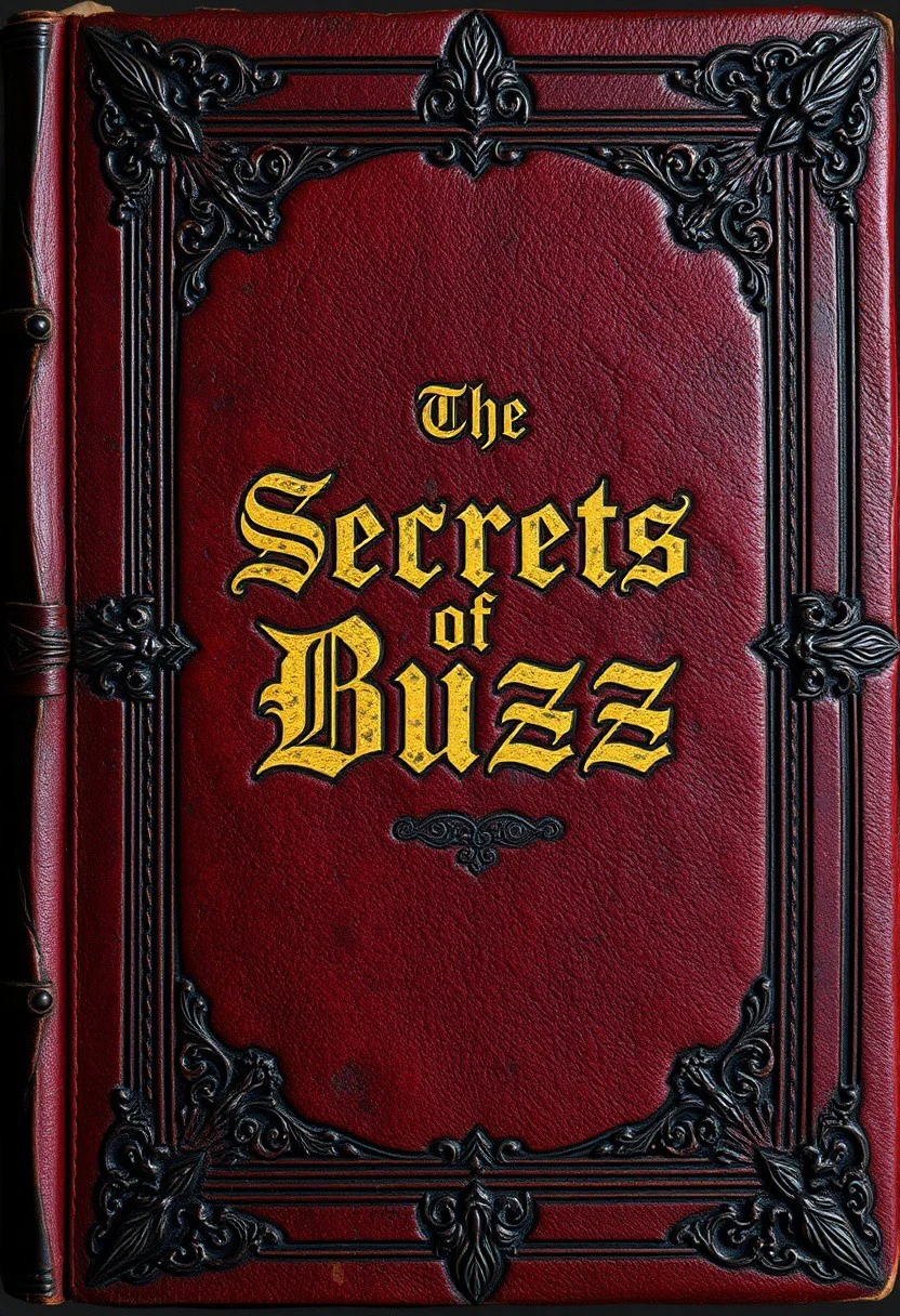 An ancient dark red leather tome cover, ornamented iron borders, gold leaf accents, with the title "The Secrets of Buzz" in Germanic Font, heavy book, very old, dusty, iron reinforced
