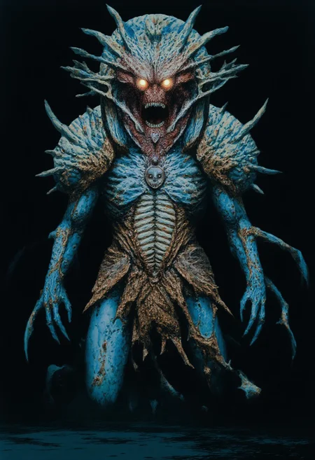 b3rs3rk macro lens d4concept pov, 3D01S, simple background d4artstyle atmospheric and powerful MikeFranchinastyle dark fantasy, natural organic and first person pov of a berserk style creature in the
Tsutomu Nihei style
Colossal deep-sea eel creature with biomechanical aesthetic, translucent ghostly-blue flesh revealing internal structures. Enormous circular maw filled with concentric rings of crystalline teeth, multiple rows deep. Massive lidless eyes with bioluminescent glow, surrounded by broad fin-like sensory organs resembling gothic architecture. Serpentine body with segmented bone-like plating and ethereal membrane fins undulating along length. Vestigial arms ending in sharp bio-mechanical pincers, legs with six webbed claws emerging from scaled hide.
Skin texture transitions between translucent realistic blue membrane and armored plates with muddy brown base and intricate patterns of black and tan speckles. Underwater lighting creating ethereal glow effects and deep shadows, light filtering through membranous parts of body. Air bubbles and particles floating around creature suggest massive scale. Background features deep ocean darkness.
UHD letterboxed game trailer frame chromatic aberration dark atmosphere sharp masterpiece with a focus on the character, elden ring style, dark atmosphere, chromatic aberration