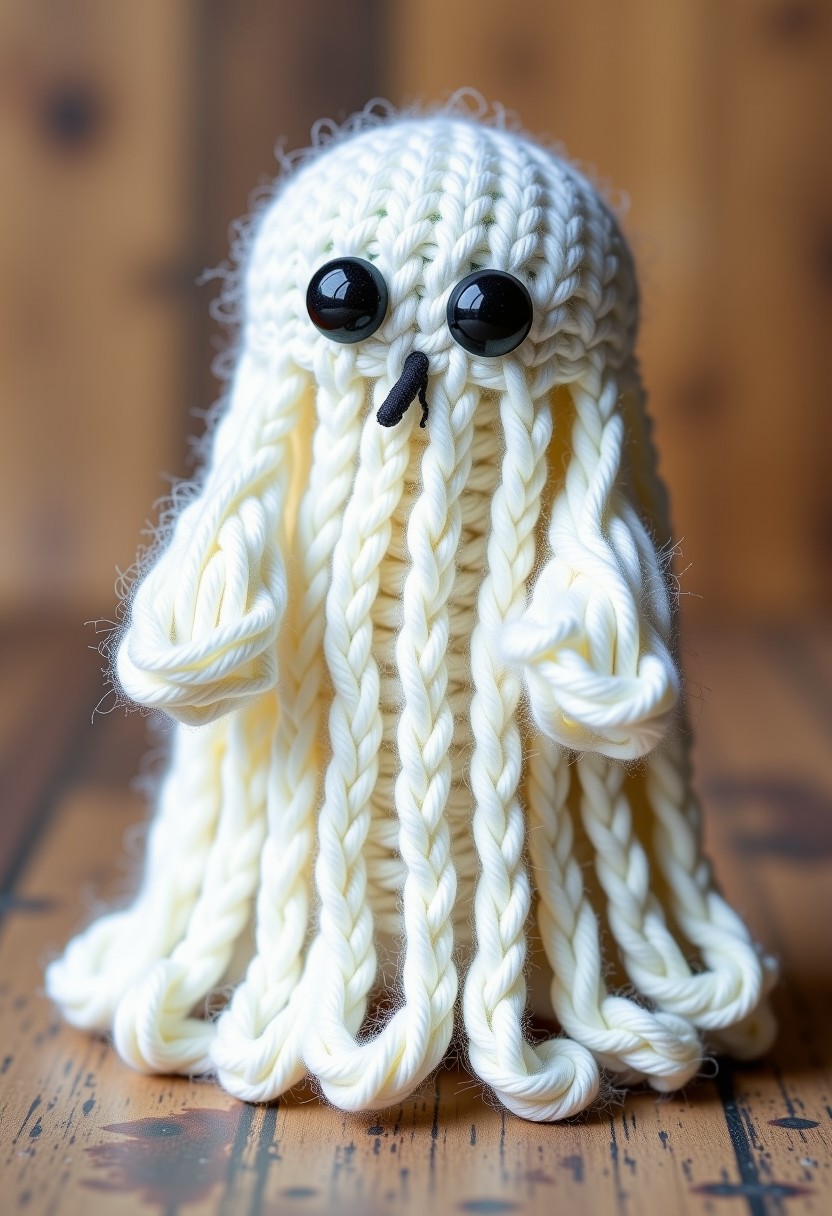 W00lyW0rld, white ghost knitted from wool, text that says "30 days until Halloween"